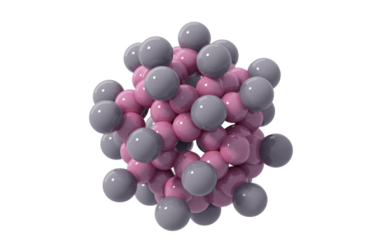 3D render of a cluster of pink and gray spheres, possibly representing a molecule or abstract art. background removed