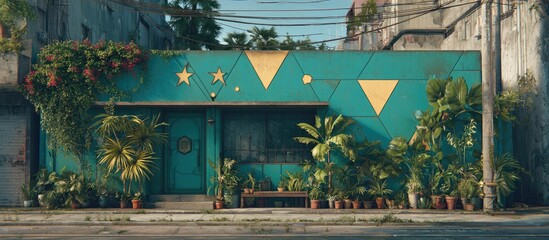 Teal storefront with geometric design, abundant tropical plants, and flowering vines overhead