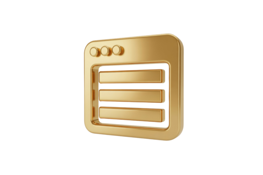 3D golden render of a website menu icon with three horizontal bars and three control buttons at the top. background removed
