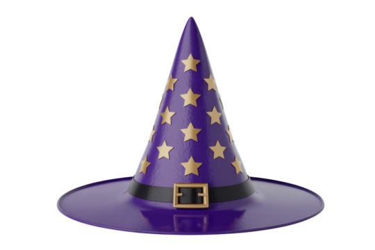 Purple wizard hat with golden stars, isolated on transparent background.  Perfect for Halloween. background removed - Powered by Adobe