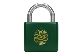 Isolated dark-green fingerprint padlock with metal shackle for security and access control