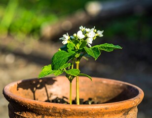 Small potted plant with white flowers