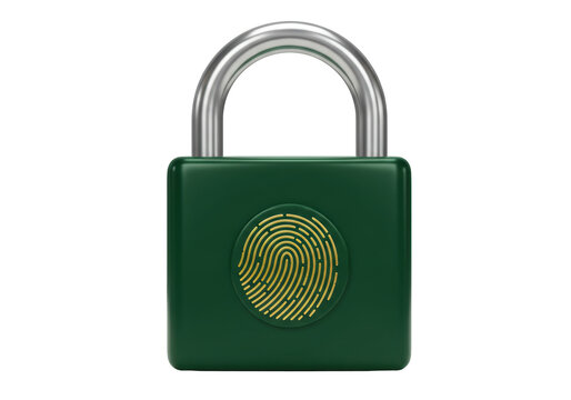Isolated dark-green fingerprint padlock with metal shackle for security and access control