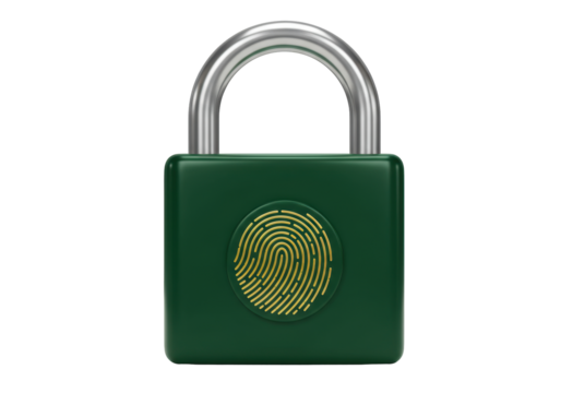 Isolated dark-green fingerprint padlock with metal shackle for security and access control