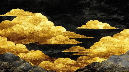 Luminous golden clouds drift across a textured black background, evoking a sense of serene majesty and timeless beauty through a stylized, illustrative technique.
