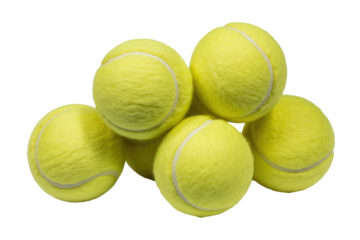 A pile of five yellow tennis balls with white seams, isolated on a transparent background. background removed