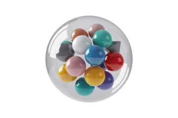 Colorful glossy spheres inside a transparent glass ball on a transparent background. background removed