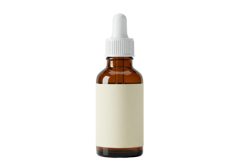 Isolated amber glass serum bottle with white dropper for essential oil, mockup for drops