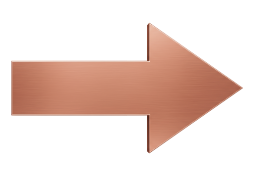 Isolated rightward pointer in realistic metallic finish points toward direction, move ahead