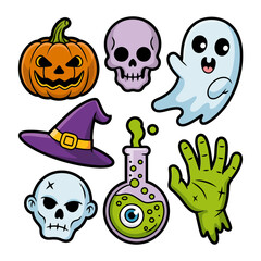 Scary Halloween doodle bundle, skull bones, glowing potion bottles, witch hat, eerie ghost, bubbling cauldron, monster hand, vector