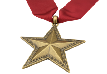 Isolated military honor medal, ornate, star-shaped, bronze or brass finish with red neck ribbon