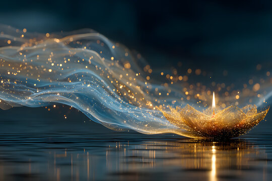 Diwali Diya Lamp With Magical Glowing Particle Wave Of Light And Spiritual Energy