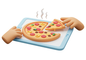 Isolated slice of hot pizza on a tray with hands and smoke for delivery or app icon