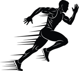 Silhouette of a muscular runner sprinting forward with motion blur, image captures power and speed of an athlete in action, conveying a sense of determination and energy