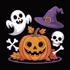 Jack o lantern scene, friendly ghosts and skull, witch hat on top, autumn leaves, spooky night illustration, vector