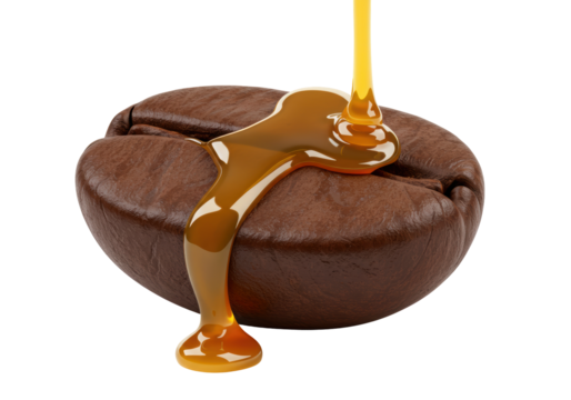 Isolated Coffee Bean with Caramel Drizzle, Close Up Still Life, Sweet Treat, Brown, Glaze