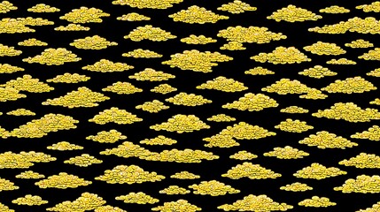 An intricate, repeating pattern of golden clouds against a stark black background evokes a sense of ethereal beauty and traditional artistry, creating a visually striking and dynamic composition.