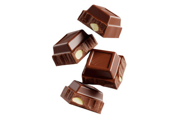Four pieces of milk chocolate with hazelnuts, falling against a transparent background. background removed