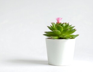 Small succulent in white pot against white background