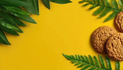 Three oatmeal cookies and vibrant green foliage arranged on a sunny yellow backdrop, leaving ample space in the center
