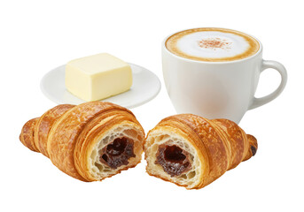 Isolated Breakfast of Chocolate Croissant, Cappuccino, and Butter, Continental Morning Meal