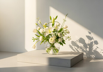 White Flowers in Vase on Minimalist Display Platform with Soft Sunlight