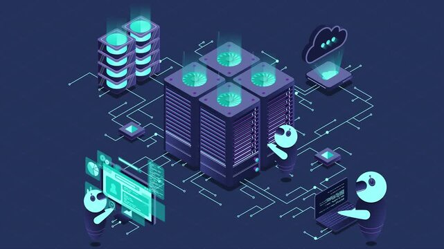 Data center and web hosting isometric animation. Сloud computing storage. Isometric server room rack. Isometric technology. 4K video animated in isometric style
