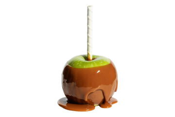 A green apple dipped in rich caramel, adorned with a white stick; a delightful autumn treat. background removed