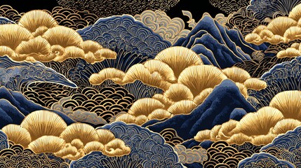 An intricate illustration depicts a stylized seascape with golden, clustered formations resembling coral or fungi rising from swirling, deep blue waves, evoking a sense of organic grandeur and depth.