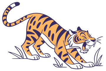 Cartoon Tiger Stretch on White Background, Orange Feline with Black Stripes Yawning