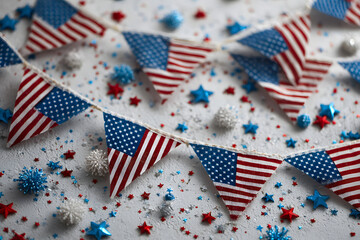 Obraz premium 4th of July American Independence Day decorations on blue background. Flat lay, top view, copy space