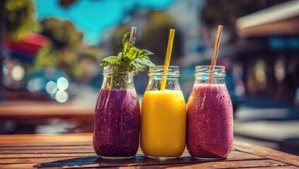 Three vibrant smoothies in glass bottles, adorned with mint, sit on an outdoor table, bathed in sunlight; a blurred city backdrop suggests a cafe setting