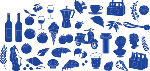 Italian food and culture icons, wine, pizza, pasta, coffee, scooter, statues, olives, beer, tomatoes, shell, cad drawing flat vector illustration © Nur Creations