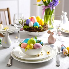 Festive Easter table setting with colorful eggs