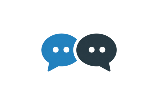 Two speech bubbles, one blue and one dark, representing communication or conversation. background removed