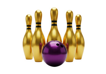 Isolated Gold Bowling Pins & Purple Ball, Strike, Play, Sport, Game, Recreation, Activity