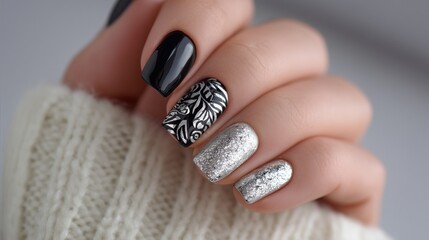 Minimalist scorpion nail art in black and silver, edgy yet sophisticated, plain white background