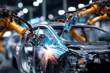 Obraz premium Robotic Arms Welding Car Body in Factory