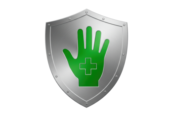 Isolated hand and medical cross on a shield depicting health protection and safety concept
