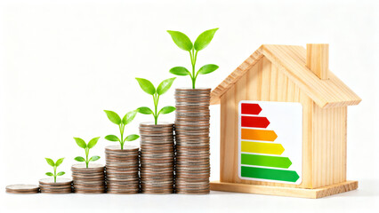 Rising housing cost concept with stacked coins green plant and wooden house model