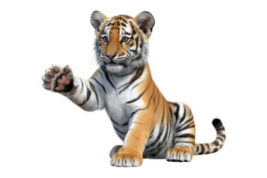 Adorable tiger cub sitting, raising a paw, inviting gesture, cute, playful. background removed