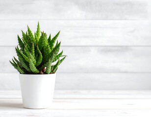 Small succulent plant in white pot against white wood