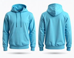 Realistic 3D render of a light blue pullover hoodie. Front and back view template for apparel design isolated on a white background
