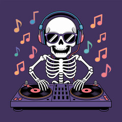 cool skeleton dj with headphones, mixing on turntables, music notes around, club party vibe, halloween themed, vector illustration