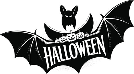 Halloween bat illustration with jack-o'-lanterns, bold typography, spooky pumpkins, flying bats, black silhouette design, festive horror vector art