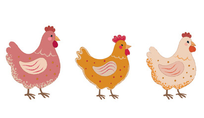 Festive illustration of three colorful hens. Decorative vector art for seasonal and holiday designs.