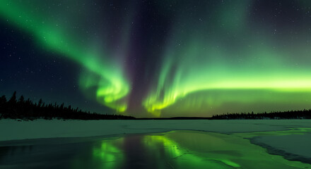 Dazzling Green Aurora Borealis Dancing Over a Frozen Winter Lake