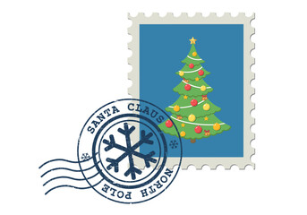 Postage stamp with a Christmas tree and a Santa Claus postmark. Merry Christmas post stamp from North Pole.