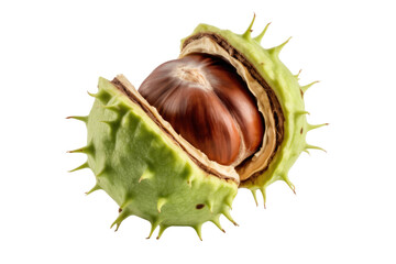 A close-up shot of a chestnut bursting from its spiky green shell. background removed