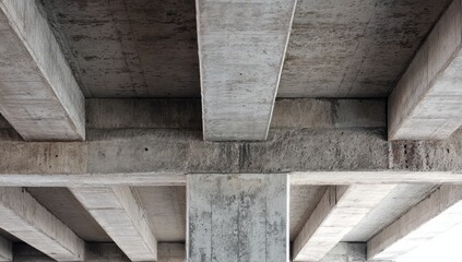 Underside view of a concrete bridge structure, showcasing intersecting beams and supporting columns, exhibiting a textured, weathered surface